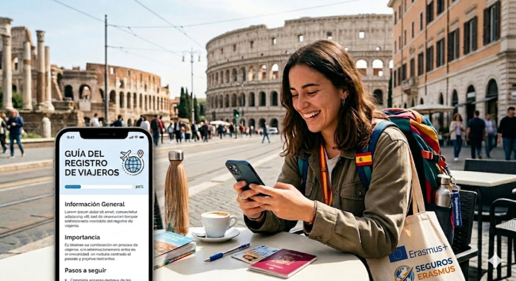 Estudiante Erasmus en Roma usando la app del Registro de Viajeros del MAUC junto a su seguro de viaje.